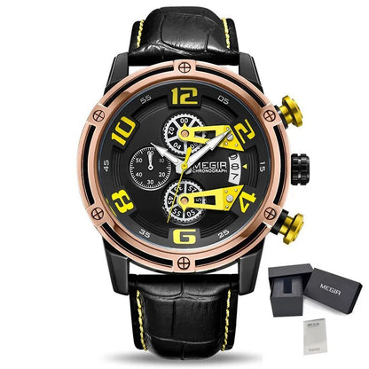 MEGIR Fashion Mens Watches Luxury Sports Watches Leather Strap Army Military Quartz Wristwatch Chronograph Male Clock 2078