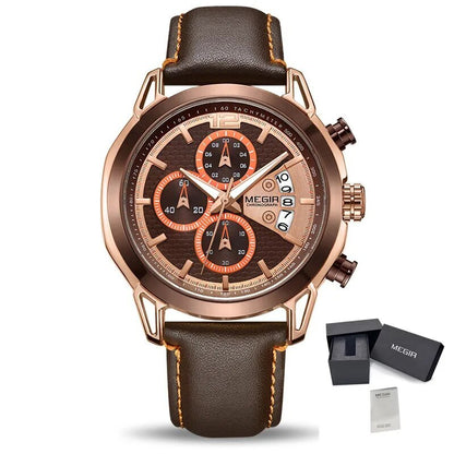 MEGIR Fashion Mens Military Sports Watches Luxury Leather Quartz Business Watch Chronograph Waterproof Luminous Date Wristwatch