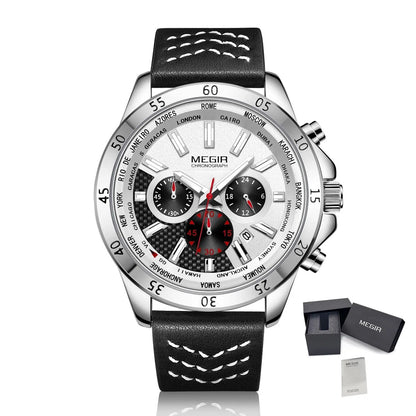 MEGIR Sports Watches for Mens Luxury Quartz Clock Chronograph Leather Fashion Casual Wristwatch Army Military Watch Reloj Hombre