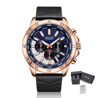 MEGIR Sports Watches for Mens Luxury Quartz Clock Chronograph Leather Fashion Casual Wristwatch Army Military Watch Reloj Hombre