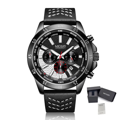 MEGIR Sports Watches for Mens Luxury Quartz Clock Chronograph Leather Fashion Casual Wristwatch Army Military Watch Reloj Hombre