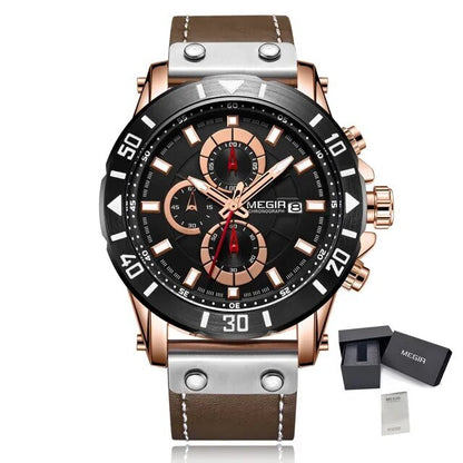 MEGIR Watch Men's Military Sport Wrist Watches Waterproof Leather Quartz Chronograph Calendar Luminous Clock Watch for Man 2081