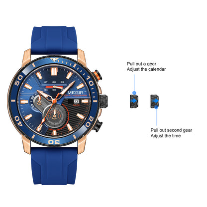MEGIR Luxury Military Watches for Men Fashion Sport Quartz Wristwatch Waterproof Silicone Band Male Clock Chronograph with Date