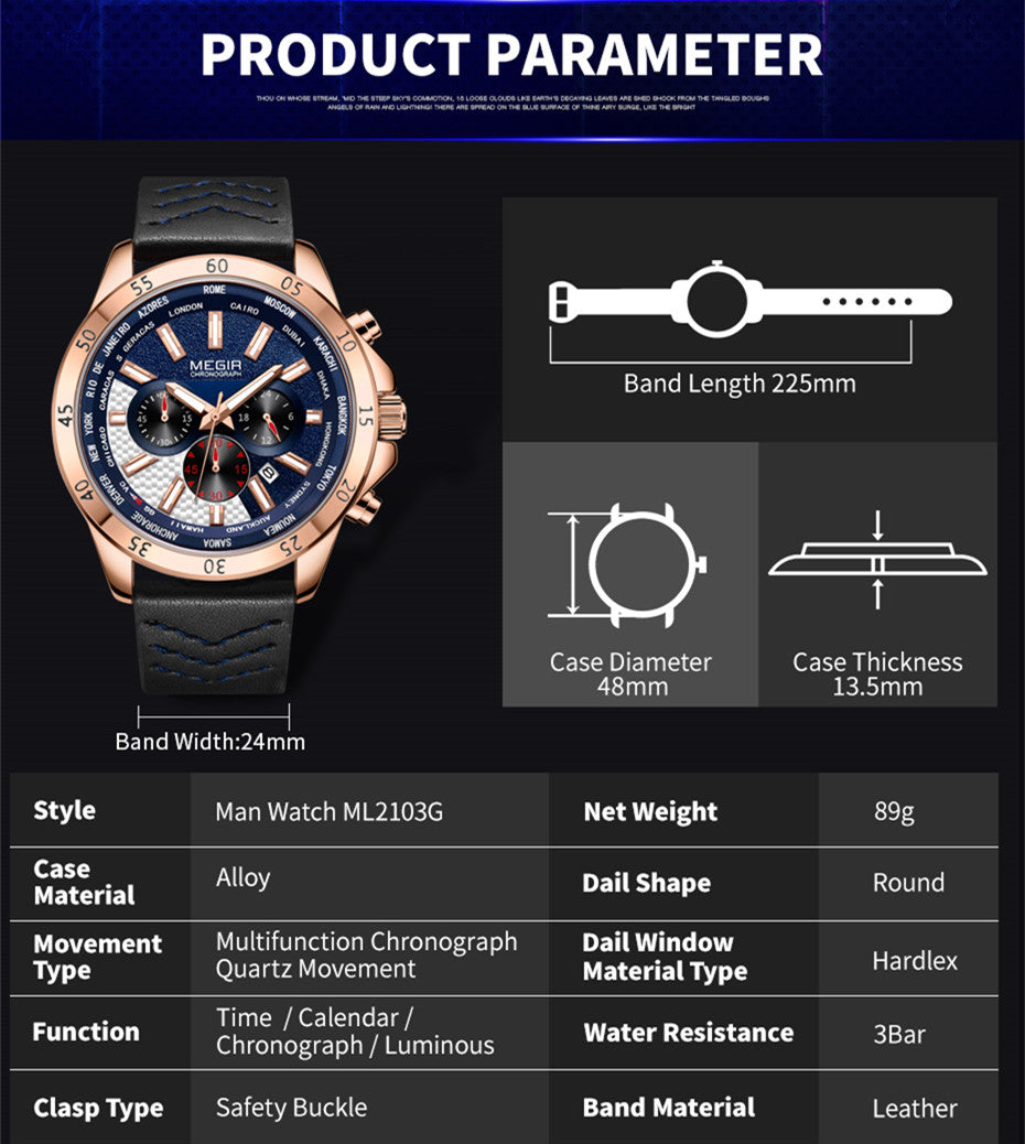 MEGIR Sports Watches for Mens Luxury Quartz Clock Chronograph Leather Fashion Casual Wristwatch Army Military Watch Reloj Hombre