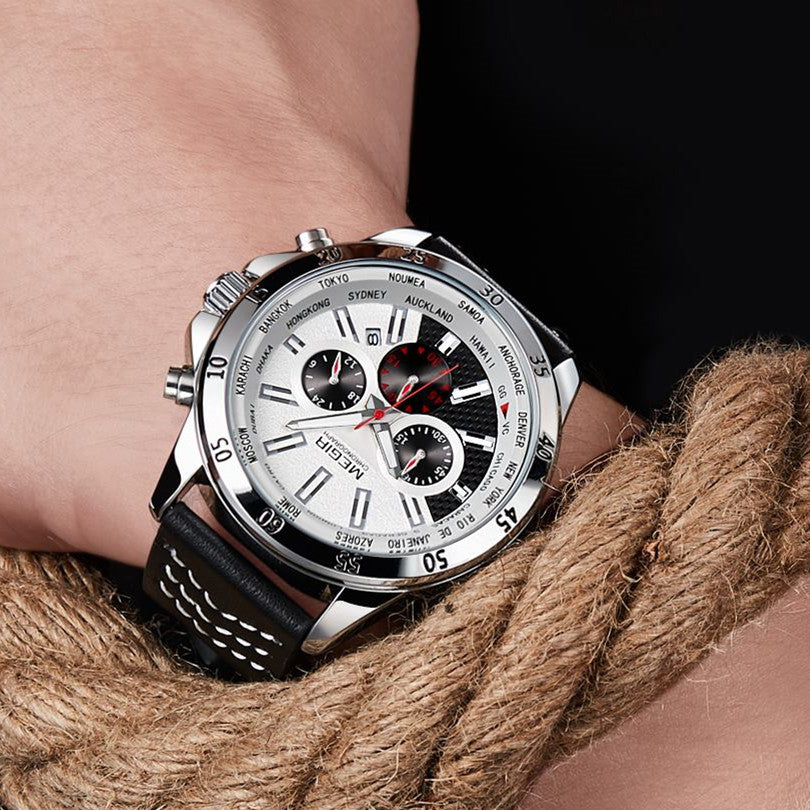 MEGIR Sports Watches for Mens Luxury Quartz Clock Chronograph Leather Fashion Casual Wristwatch Army Military Watch Reloj Hombre