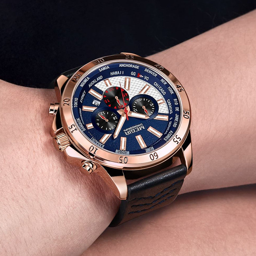 MEGIR Sports Watches for Mens Luxury Quartz Clock Chronograph Leather Fashion Casual Wristwatch Army Military Watch Reloj Hombre