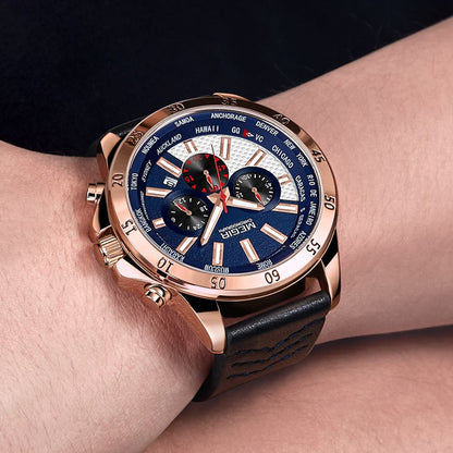 MEGIR Sports Watches for Mens Luxury Quartz Clock Chronograph Leather Fashion Casual Wristwatch Army Military Watch Reloj Hombre