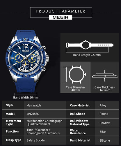MEGIR Fashion Mens Watches Top Brand Luxury Silicone Sport Military Watch Chronograph Date Waterproof Wristwatch Male Clock 2083