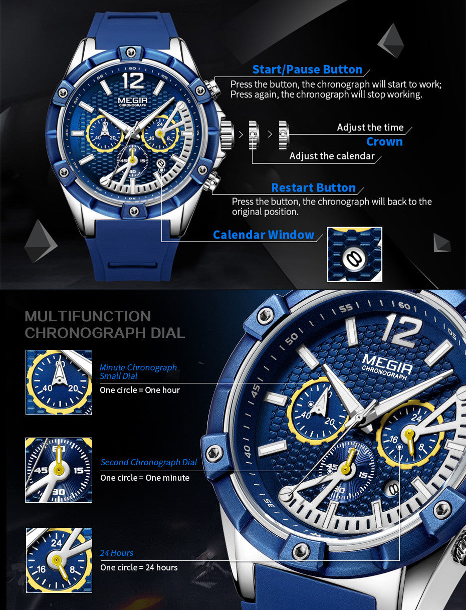 MEGIR Fashion Mens Watches Top Brand Luxury Silicone Sport Military Watch Chronograph Date Waterproof Wristwatch Male Clock 2083
