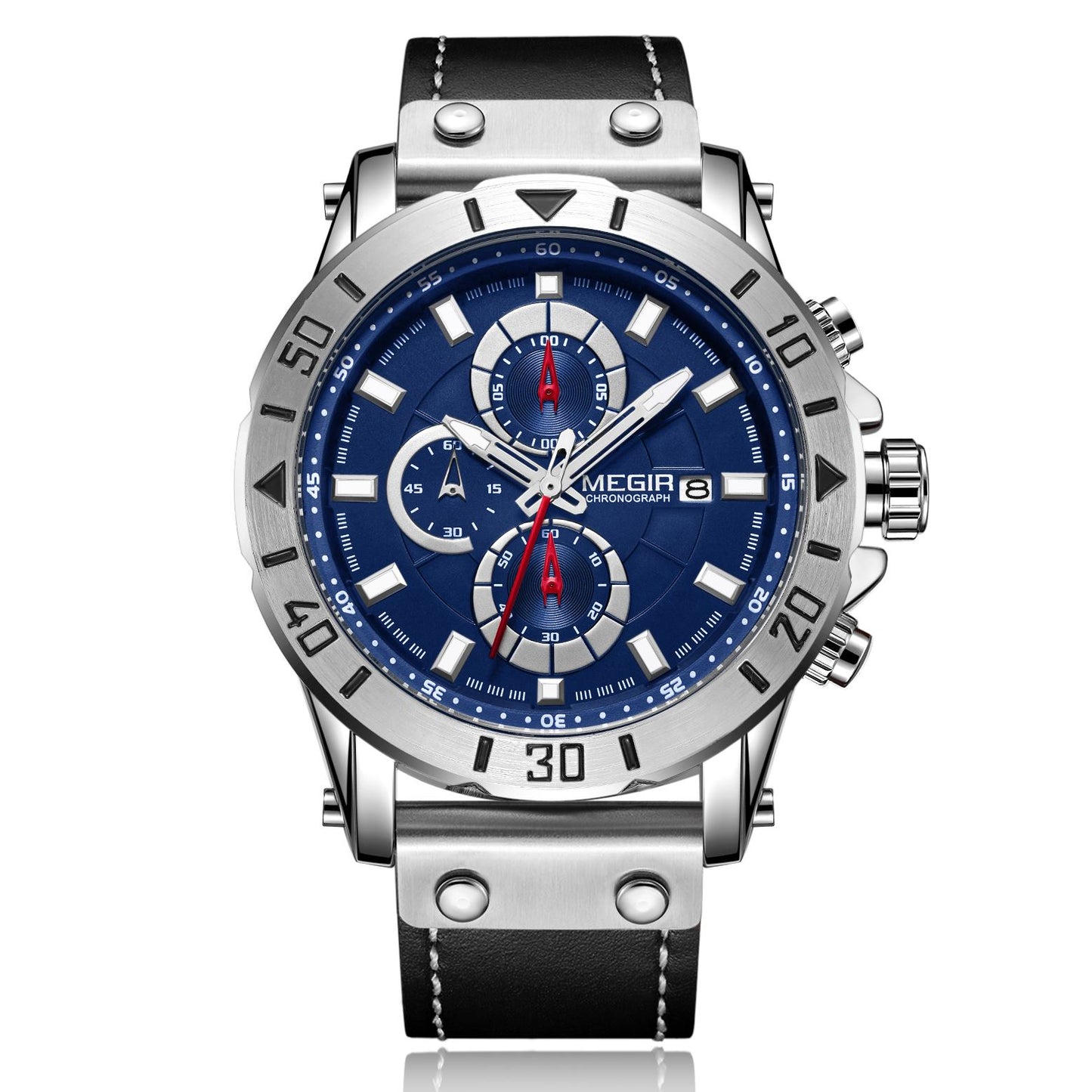 MEGIR Watch Men's Military Sport Wrist Watches Waterproof Leather Quartz Chronograph Calendar Luminous Clock Watch for Man 2081