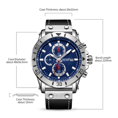 MEGIR Watch Men's Military Sport Wrist Watches Waterproof Leather Quartz Chronograph Calendar Luminous Clock Watch for Man 2081