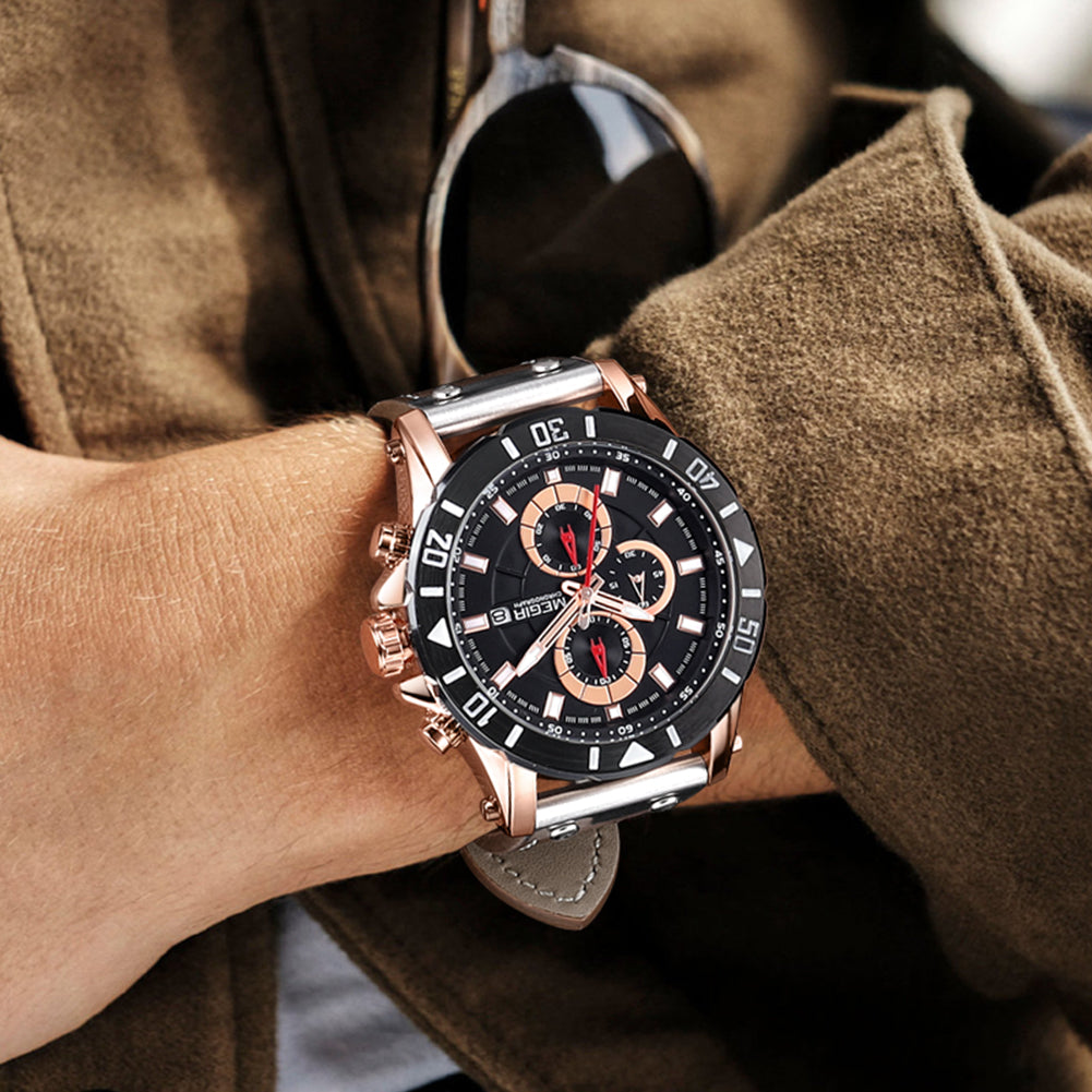 MEGIR Watch Men's Military Sport Wrist Watches Waterproof Leather Quartz Chronograph Calendar Luminous Clock Watch for Man 2081