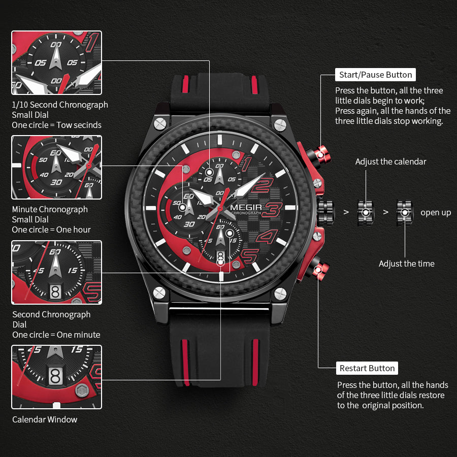MEGIR Chronograph Sport Watch Men Silicone Military Wrist Watches Waterproof Date Clock Top Brand Quartz Watch Reloj Hombre 2051