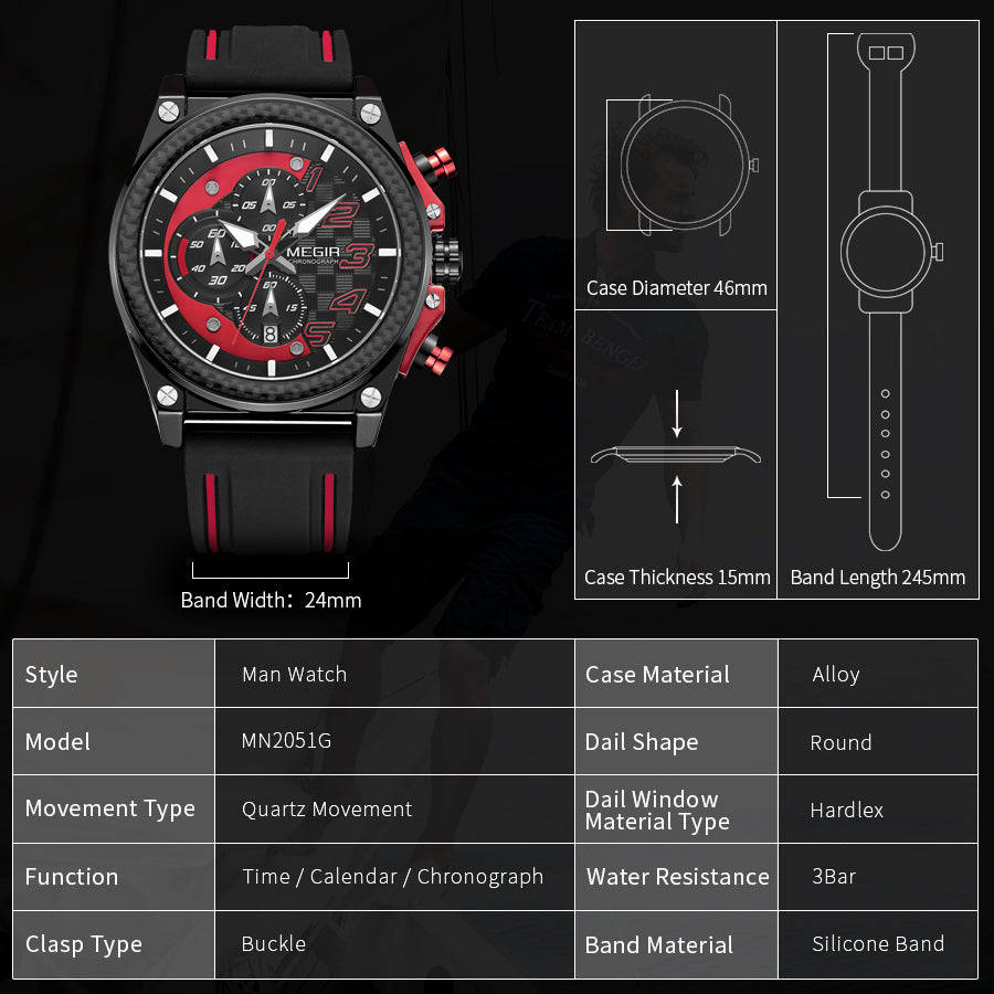 MEGIR Chronograph Sport Watch Men Silicone Military Wrist Watches Waterproof Date Clock Top Brand Quartz Watch Reloj Hombre 2051