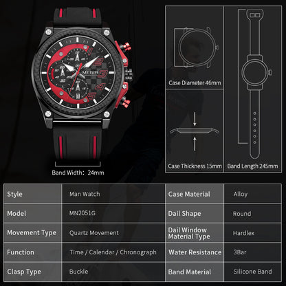 MEGIR Chronograph Sport Watch Men Silicone Military Wrist Watches Waterproof Date Clock Top Brand Quartz Watch Reloj Hombre 2051