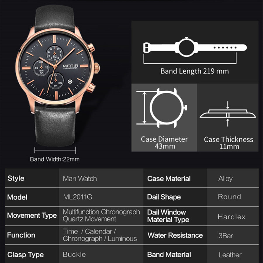 MEGIR Sport Watch for Men Luxury Waterproof Quartz Clock Leather Wristwatch Luminous Military Watches Calendar reloj hombre 2011