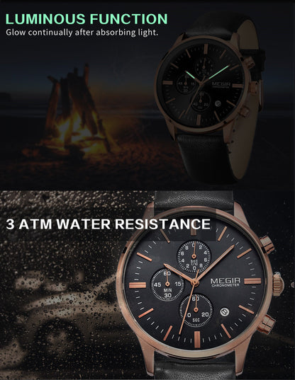 MEGIR Sport Watch for Men Luxury Waterproof Quartz Clock Leather Wristwatch Luminous Military Watches Calendar reloj hombre 2011