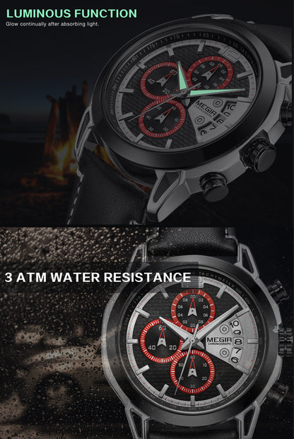 MEGIR Fashion Mens Military Sports Watches Luxury Leather Quartz Business Watch Chronograph Waterproof Luminous Date Wristwatch