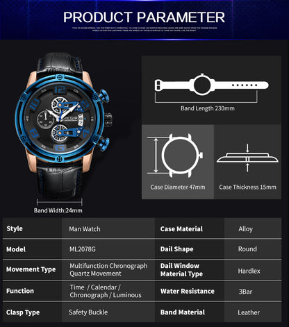 MEGIR Fashion Mens Watches Luxury Sports Watches Leather Strap Army Military Quartz Wristwatch Chronograph Male Clock 2078