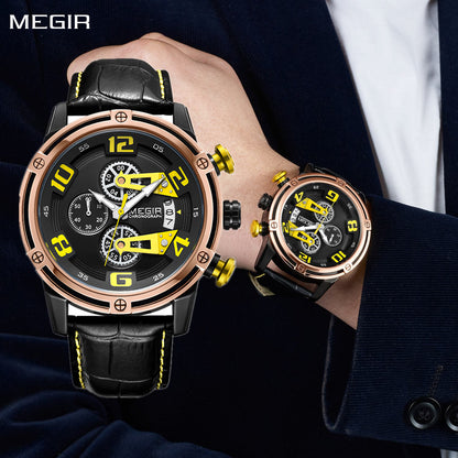 MEGIR Fashion Mens Watches Luxury Sports Watches Leather Strap Army Military Quartz Wristwatch Chronograph Male Clock 2078