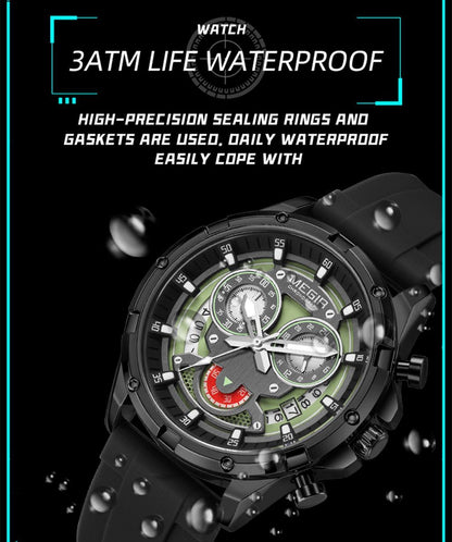 MEGIR Men's Sport Watches Silicone Strap Military Quartz Chronograph Waterproof Luminous Wristwatch 24-hour Auto Date Reloj Hombre 2248