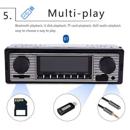 Auto Car Radio 1 DIN Bluetooth Retro Car Stereo Audio Vintage Wireless MP3 Multimedia Player AUX USB FM 12V Stereo Audio Player