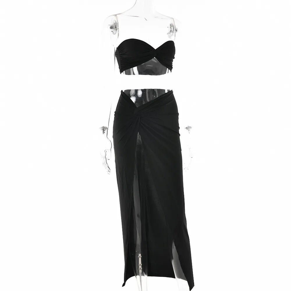 Cryptographic Draped Ruched Dress Sets for Women Sexy Two Piece Sets Elegant Fashion Outfits Tube Top and Skirt Matching Sets