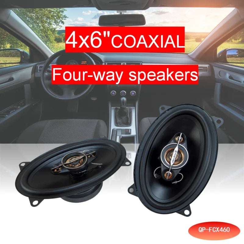 A pair of 4x6-inch coaxial four-way car audio speakers, 500W maximum power, 50W RMS, high-power sound quality, 4 ohm impedance