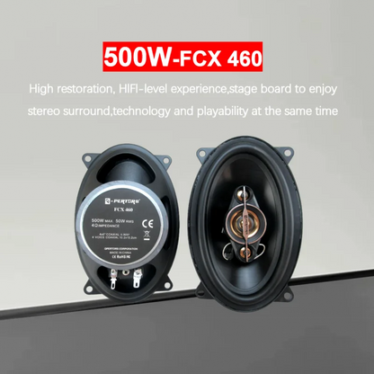 A pair of 4x6-inch coaxial four-way car audio speakers, 500W maximum power, 50W RMS, high-power sound quality, 4 ohm impedance