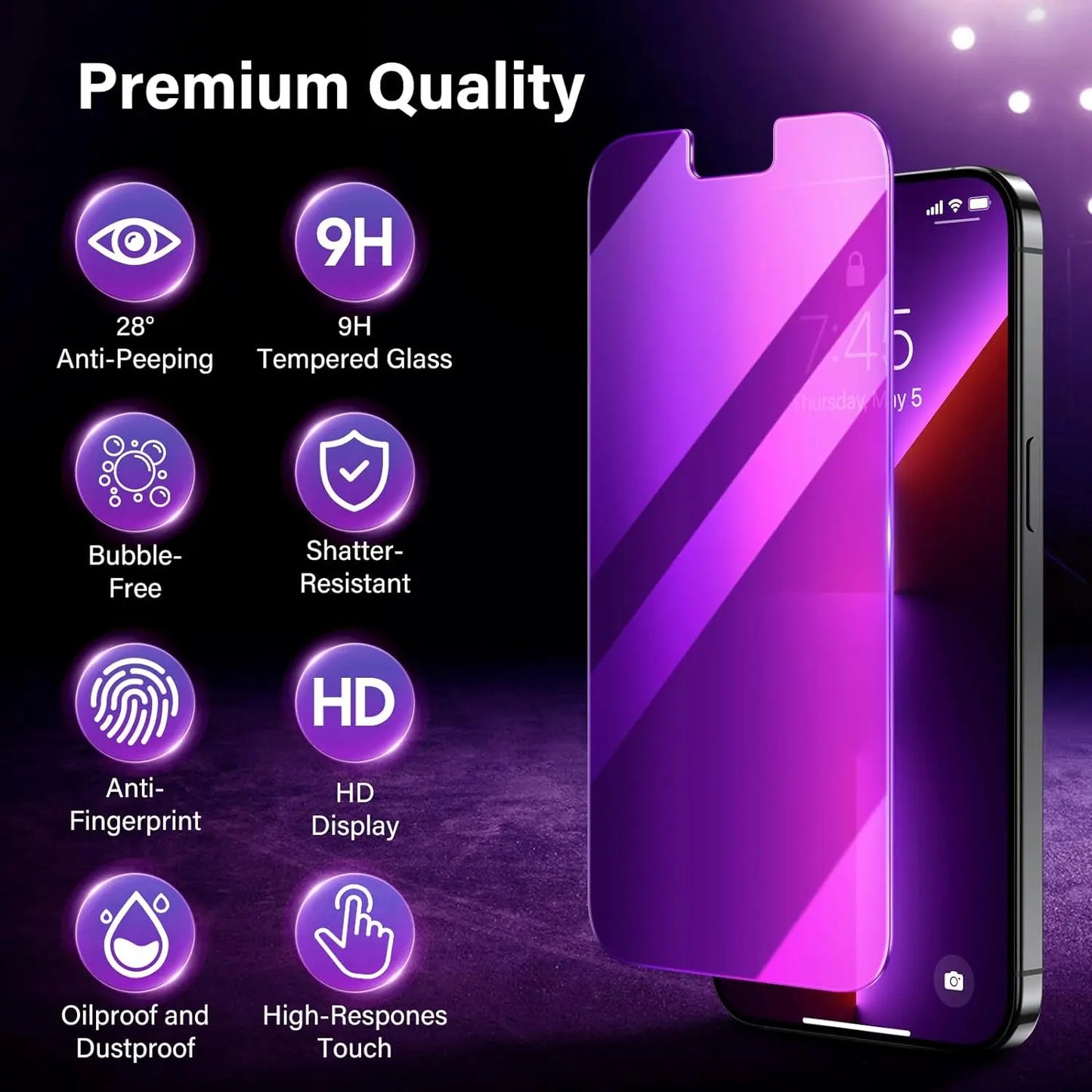 for iPhone 15 14 13 17 16 Pro Max Privacy Screen Protector Purple Gradient Anti Spy Anti Blue HD Screen Protector Tempered Glass