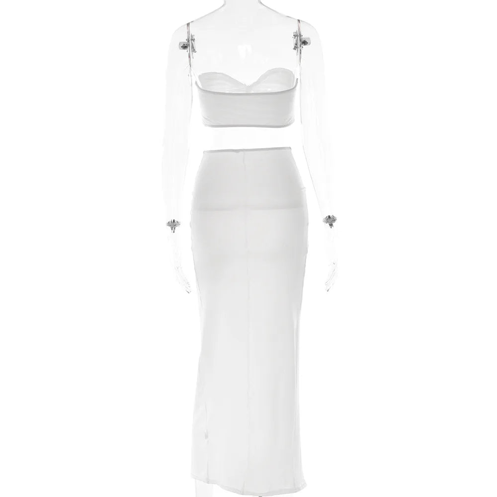 Cryptographic Draped Ruched Dress Sets for Women Sexy Two Piece Sets Elegant Fashion Outfits Tube Top and Skirt Matching Sets