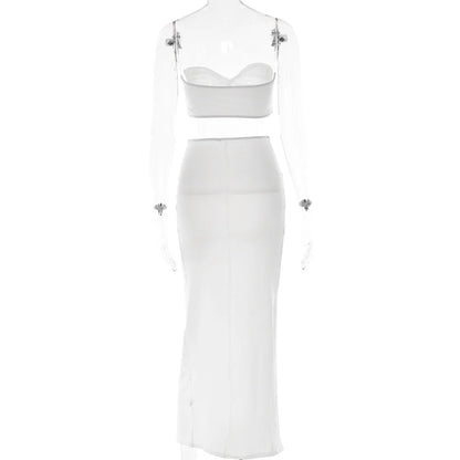 Cryptographic Draped Ruched Dress Sets for Women Sexy Two Piece Sets Elegant Fashion Outfits Tube Top and Skirt Matching Sets