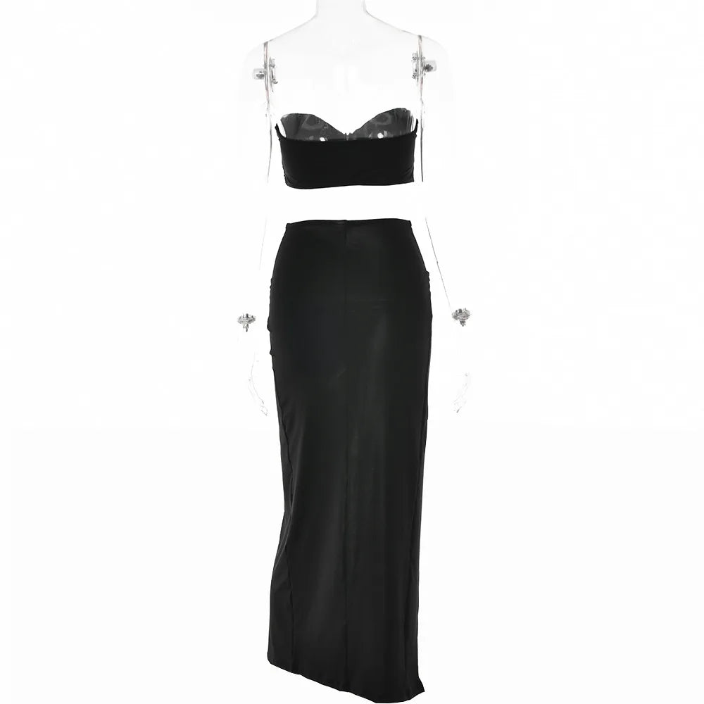 Cryptographic Draped Ruched Dress Sets for Women Sexy Two Piece Sets Elegant Fashion Outfits Tube Top and Skirt Matching Sets