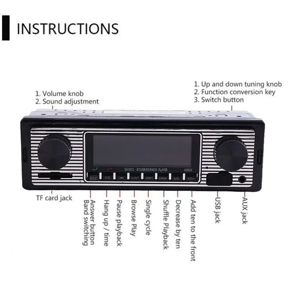 Auto Car Radio 1 DIN Bluetooth Retro Car Stereo Audio Vintage Wireless MP3 Multimedia Player AUX USB FM 12V Stereo Audio Player
