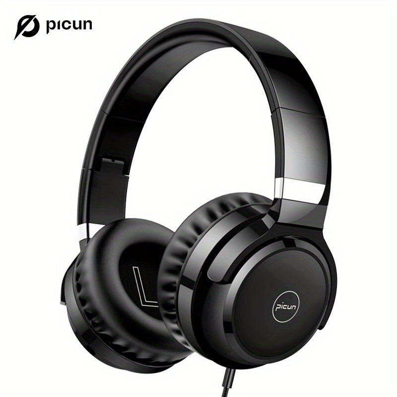 Picun C60 Wired On-Ear Headphones With Microphone, Lightweight Foldable & Portable Stereo Bass Headphones With 1.5M No-Tangle, Wired Headphones For Smartphone Tablet MP3/ 4 (Space Black)