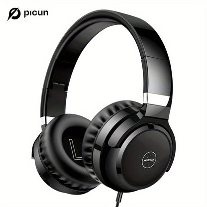 Picun C60 Wired On-Ear Headphones With Microphone, Lightweight Foldable & Portable Stereo Bass Headphones With 1.5M No-Tangle, Wired Headphones For Smartphone Tablet MP3/ 4 (Space Black)